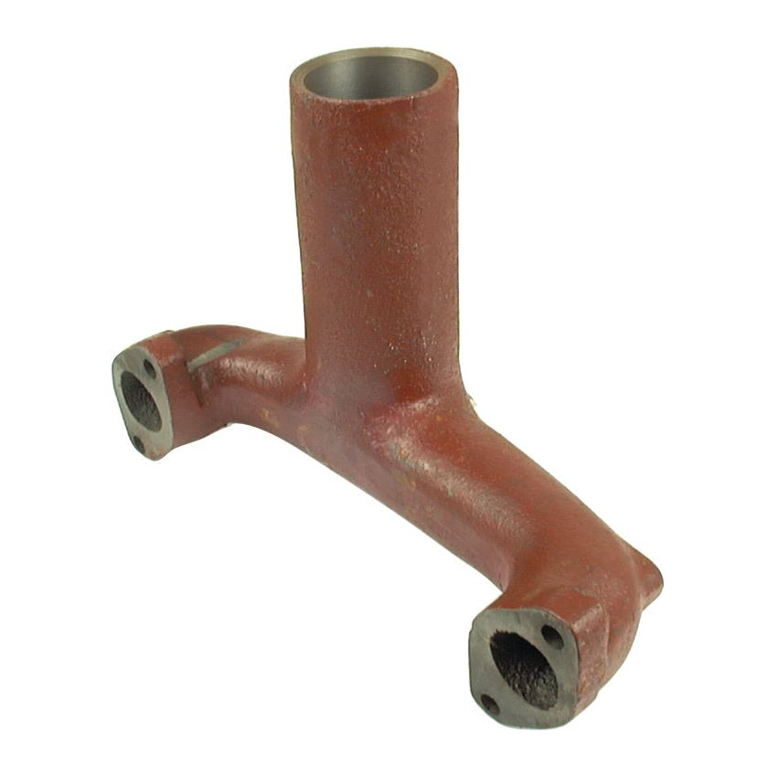 The Sparex Exhaust Manifold (3 Cyl.) | Sparex Part No.S.66047 is a rust-colored metallic pipe fitting with three openings, featuring one central vertical tube resembling a manifold and two horizontal branches.