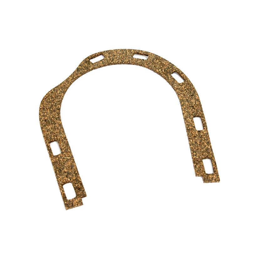 A U-shaped cork gasket with rectangular cutouts along its edges, ideal for fitting the rear main housing of a Ford engine, available as the Sparex Rear Main Housing Gasket (Part No.S.66049).