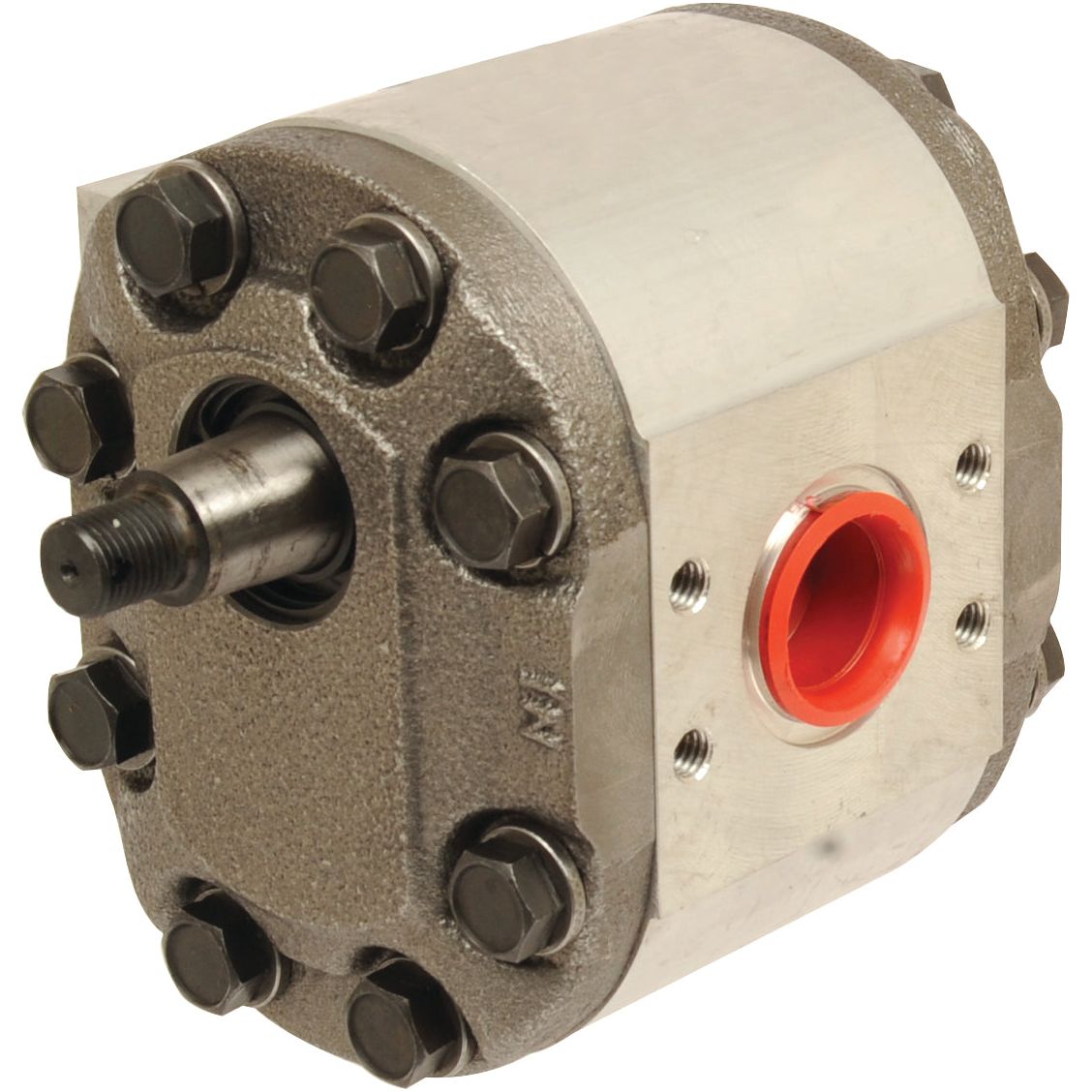 The Single Hydraulic Pump - S.66057 by Sparex features a metallic design with a cylindrical body, multiple bolts securing its sides, a rotating shaft at the center, and a red port on the side.