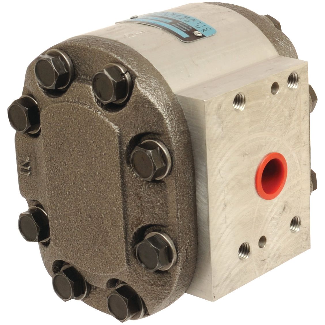 The Single Hydraulic Pump - S.66057 from Sparex is a metallic pump with multiple bolts and a red inlet/outlet port. This device has a rectangular metal face with two holes and an M10 label affixed to its side.