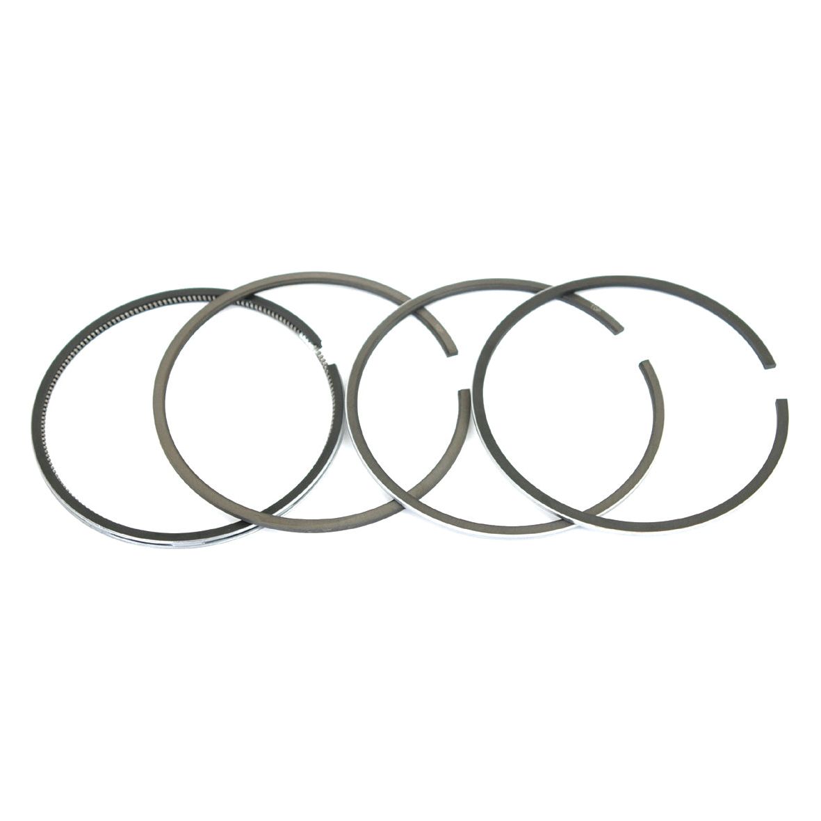 A set of four Sparex Piston Ring +0.020'' (0.50mm) | Sparex Part No.S.66058 are neatly arranged in a row on a white background, showcasing their chrome-plated finish.