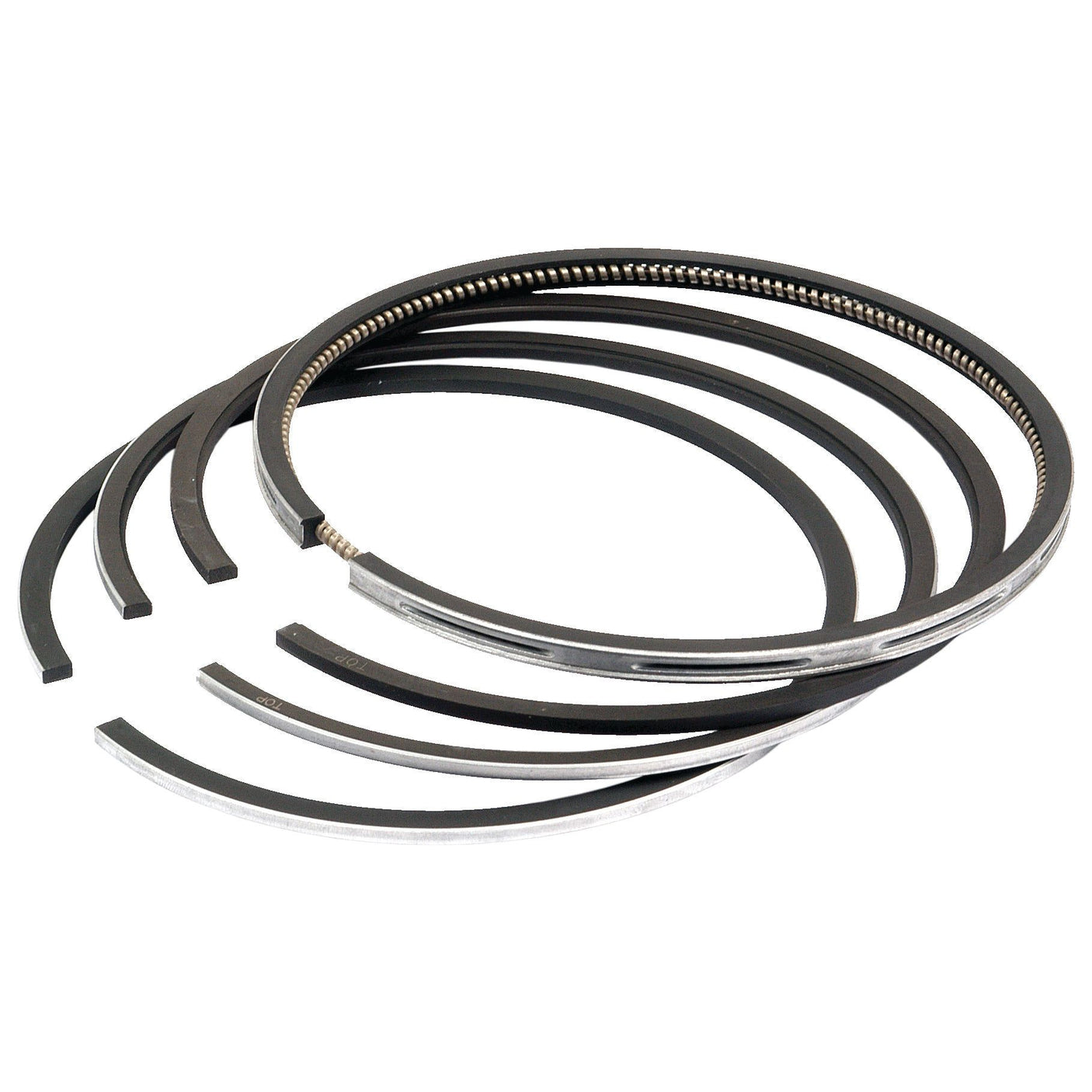 A set of Sparex Piston Ring +0.030'' (0.75mm) | Sparex Part No.S.66059, featuring a black and silver chrome-plated finish, arranged in a partially overlapping manner on a white background.