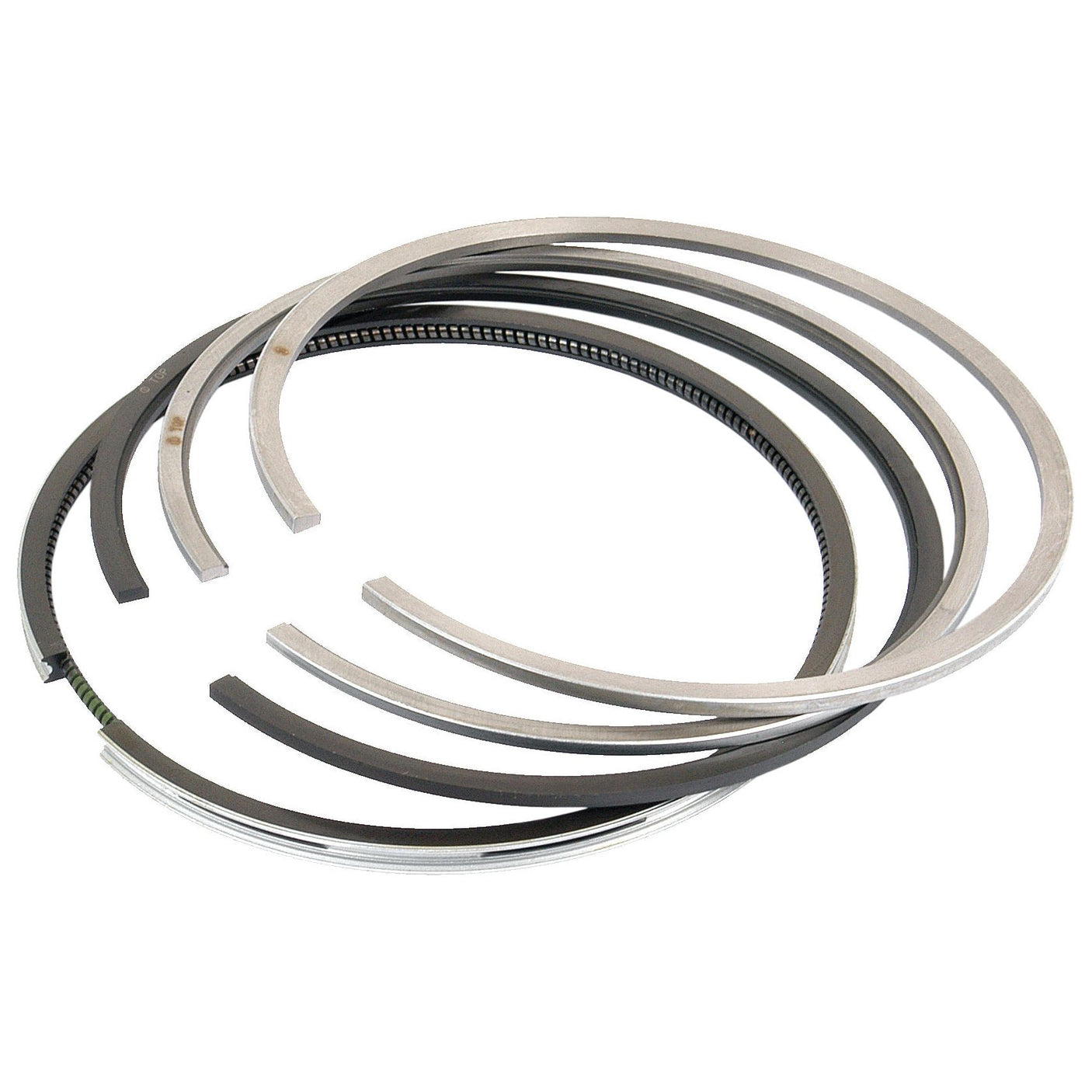 A set of metallic piston rings, including a Keystone Top Ring, arranged in a circular formation on a white background. The diverse thicknesses of this Sparex Piston Ring +0.020'' (0.50mm) - Sparex Part No.S.66061 highlight their pristine, unused condition.