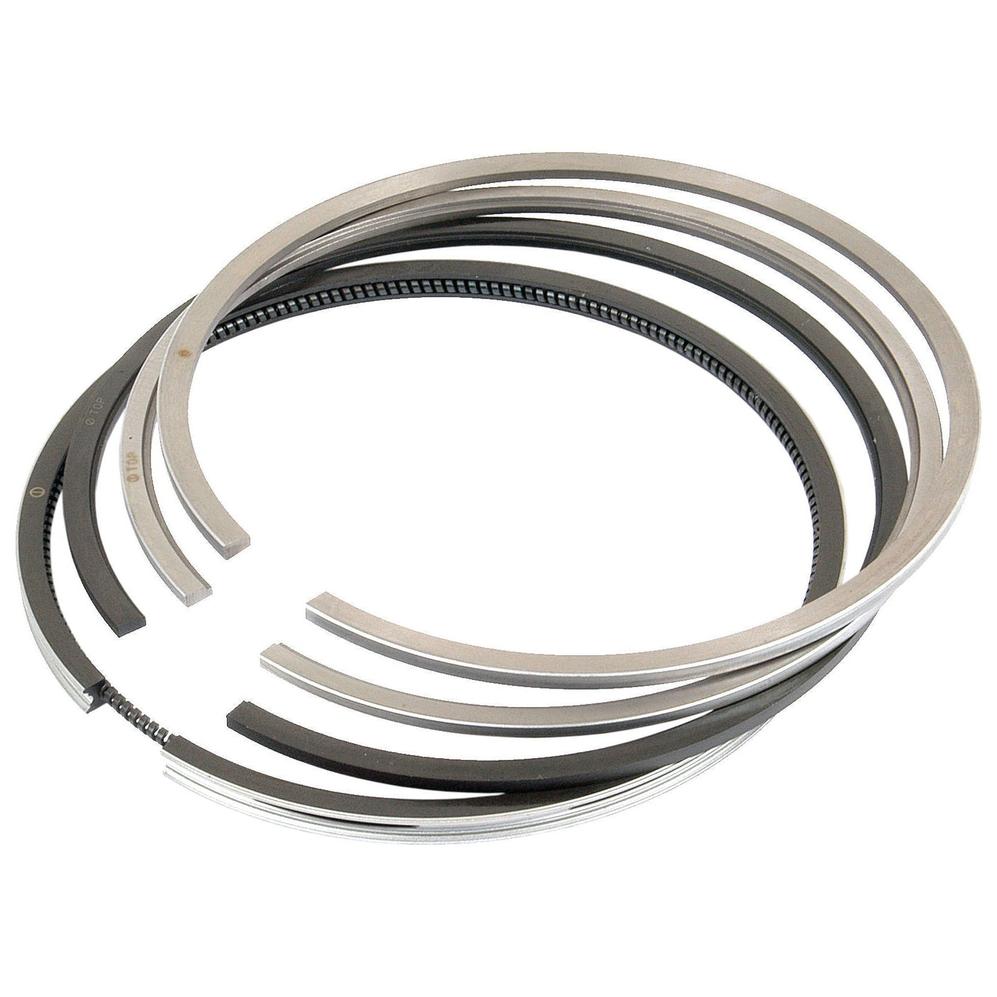 A collection of metal piston rings arranged in a circular pattern, featuring various sizes and types, including the high-quality Sparex Piston Ring +0.040'' (1mm) | Sparex Part No.S.66063 for optimal engine performance.