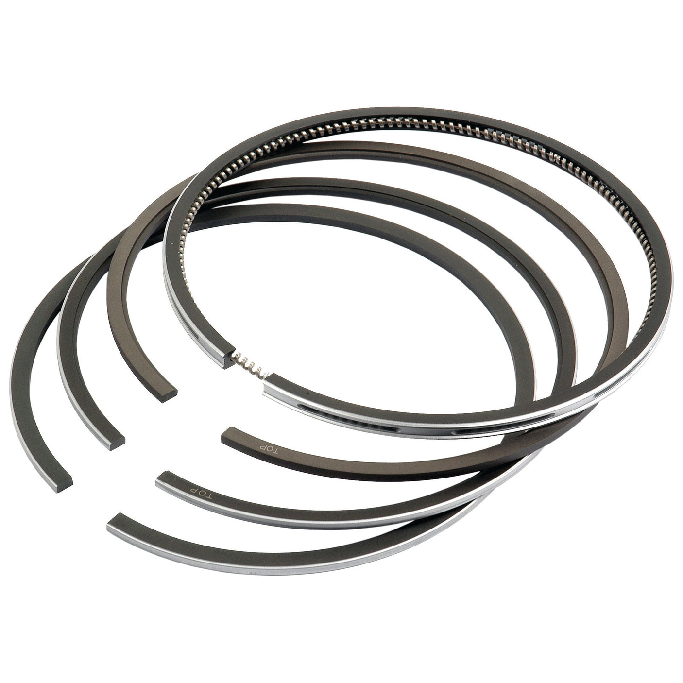 A set of Sparex Piston Rings +0.020'' (0.50mm), compatible with Ford/New Holland and identified by Sparex Part No.S.66064, are arranged in a partially stacked and overlapping manner against a white background.