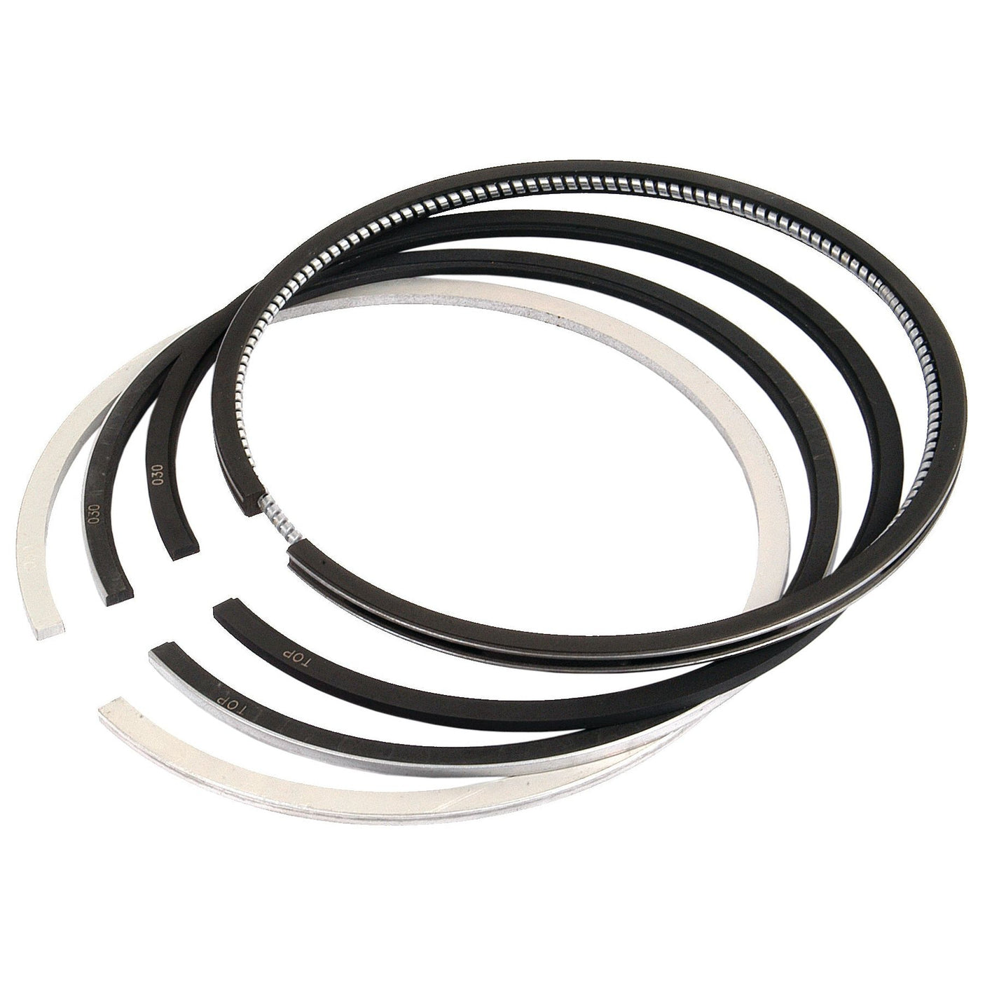 A set of Sparex Piston Ring +0.030'' (0.75mm) | Sparex Part No.S.66065, featuring chrome plating and arranged in a circular formation with some overlapping, ensures durability and compatibility with Ford/New Holland vehicles.