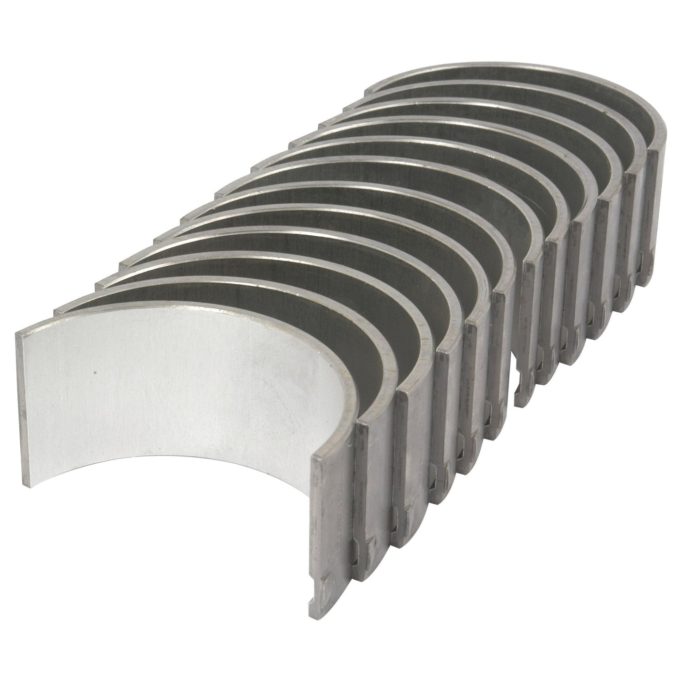 Set of Conrod Bearing +0.040'' (1mm) arranged in a semi-circular stack on a white background, ideal for Ford New Holland engine parts. These bearings are available as Sparex Part No.S.66086 from the brand Sparex.