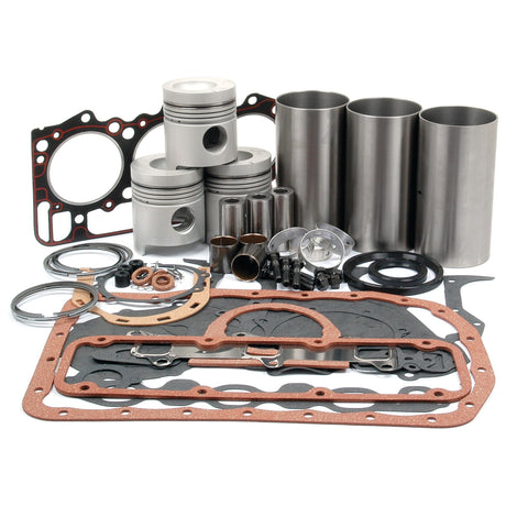 Assorted engine parts from the Sparex Engine Overhaul Kit without Valve Train (Semi Finished) - S.66088, including cylinders, pistons, gaskets, rings, bearings, and seals for the Ford BSD326 engine are arranged on a white background.