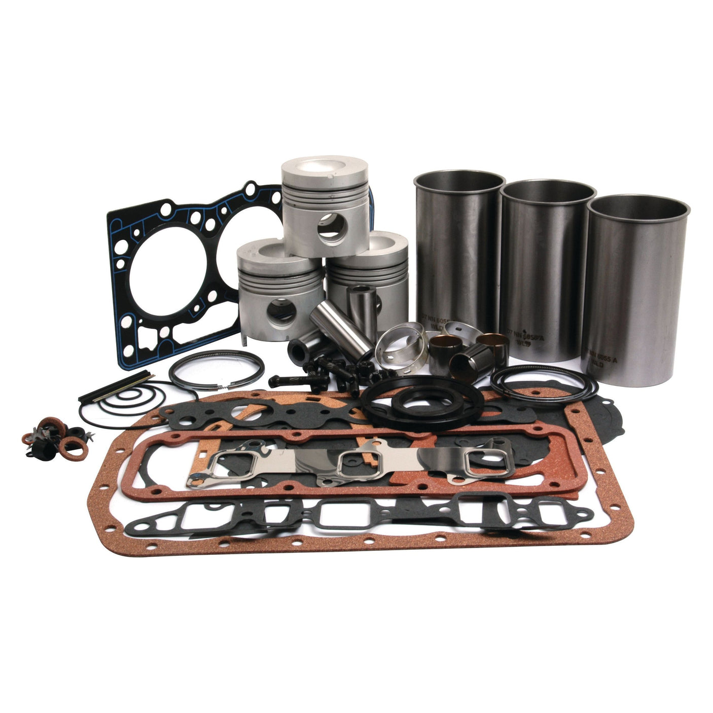 A collection of engine parts, including pistons, piston rings, gaskets, O-rings, cylinder liners, and various other components from the Sparex Engine Overhaul Kit without Valve Train (Unfinished) - S.66090 arranged on a white background.