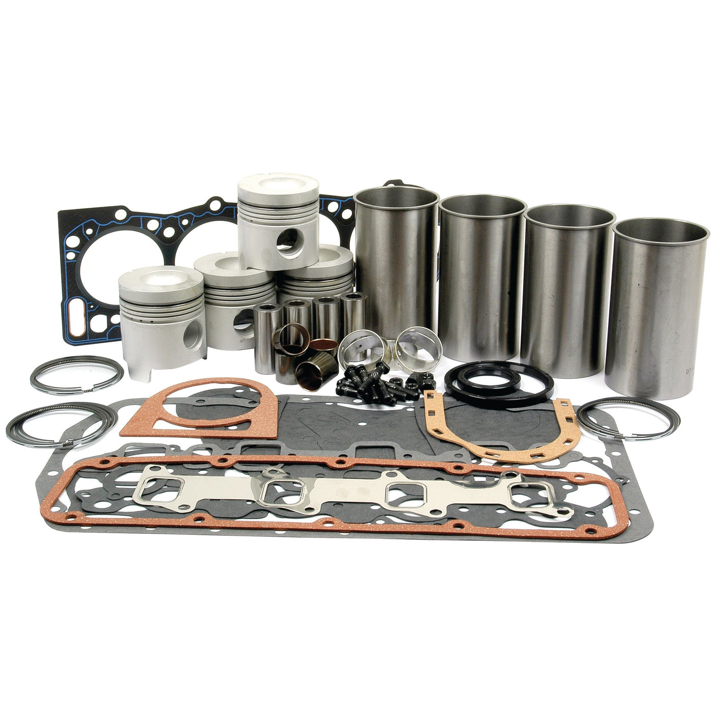 Assorted engine parts, including pistons, cylinder sleeves, gaskets, and rings from the Sparex Engine Overhaul Kit without Valve Train (Unfinished) - S.66095, are meticulously arranged on a plain white background.