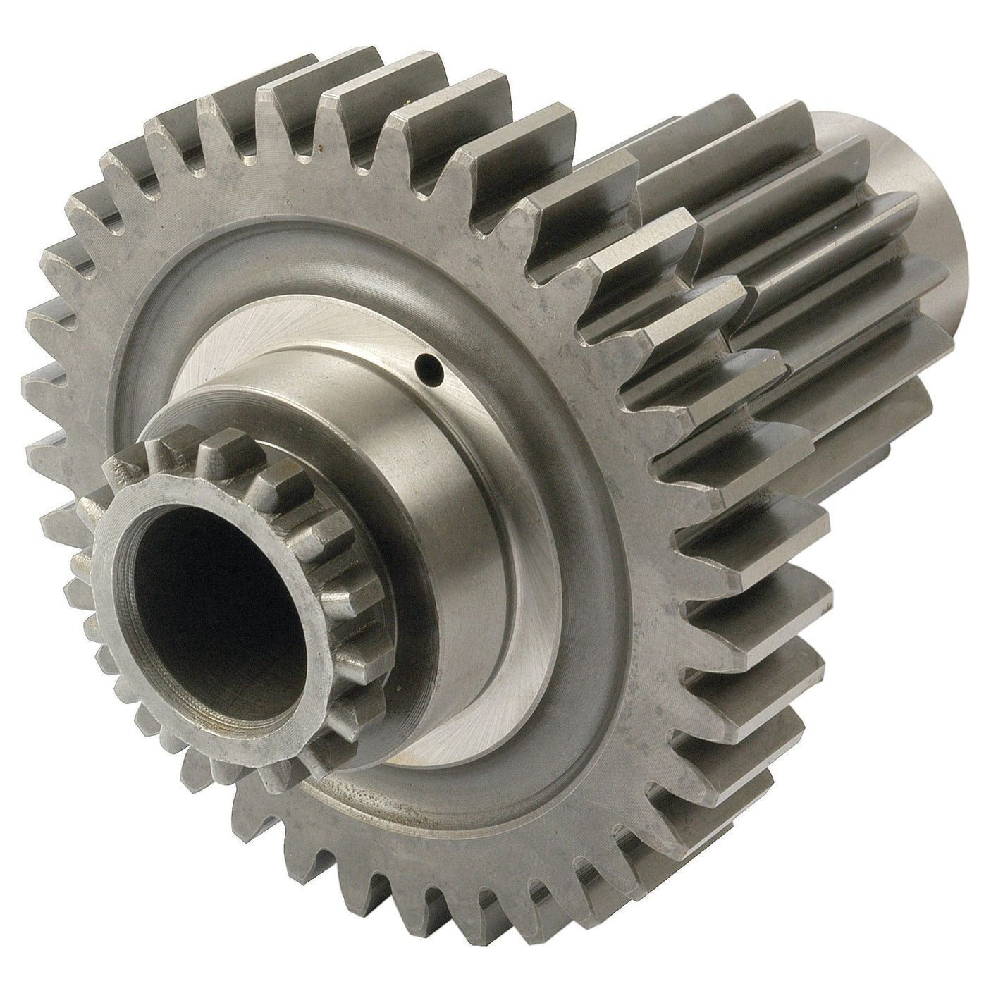 Image of a large, metallic Transmission Countershaft Gear | Sparex Part No.S.66123, featuring multiple teeth with an inner and outer ring and a central hole for attachment. The gear is displayed against a plain white background, suitable for applications in Ford New Holland machinery. Brand: Sparex.