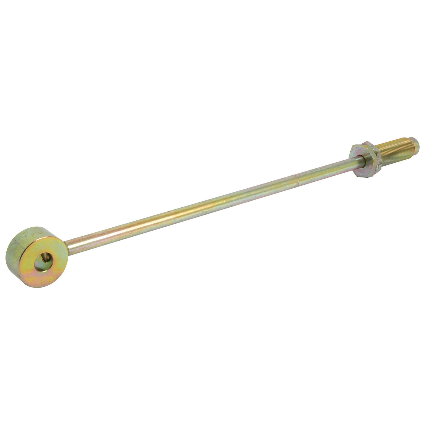 The Sparex Auto Hitch Lift Rod Assembly, Less Tube (Part No. S.66159) features a long metallic rod with a cylindrical block on one end and a threaded section with a nut on the other, making it ideal for Ford New Holland equipment.