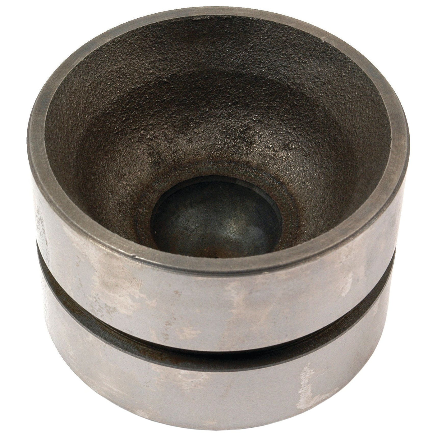 Sparex's Hydraulic Cylinder Piston (Sparex Part No. S.66194) is a metallic industrial component featuring a cylindrical, hollow design and a central conical indentation. Its exterior has a rough texture with a visible groove around the middle, making it exceptionally suited for use in Case IH hydraulic lift systems.