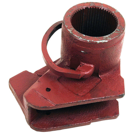 A red, cylindrical mechanical component with a toothed inner ring and a hinged latch, mounted on a flat base, compatible with Ford/New Holland equipment. Identified as Sparex Hydraulic Lift Arm (Part No. S.66200).