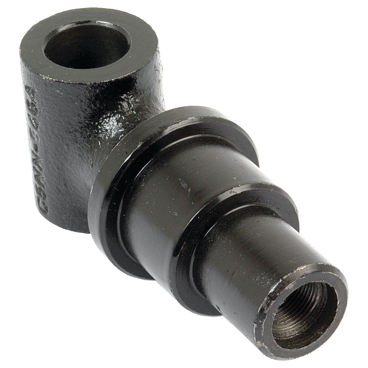 The Draft Control Yoke by Sparex, Part No. S.66243, is a black metal pipe elbow fitting with a threaded end and a perpendicular circular opening, commonly used in Ford / New Holland machinery.
