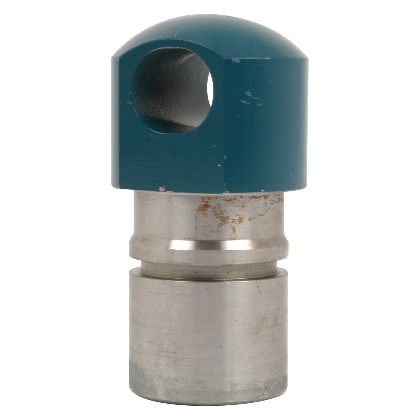 The Draft Control Yoke (Sparex Part No. S.66245) by Sparex is a cylindrical metal component with a blue, dome-shaped top featuring a circular cutout, typically used in Ford New Holland machinery, and it shows signs of wear on the surface.