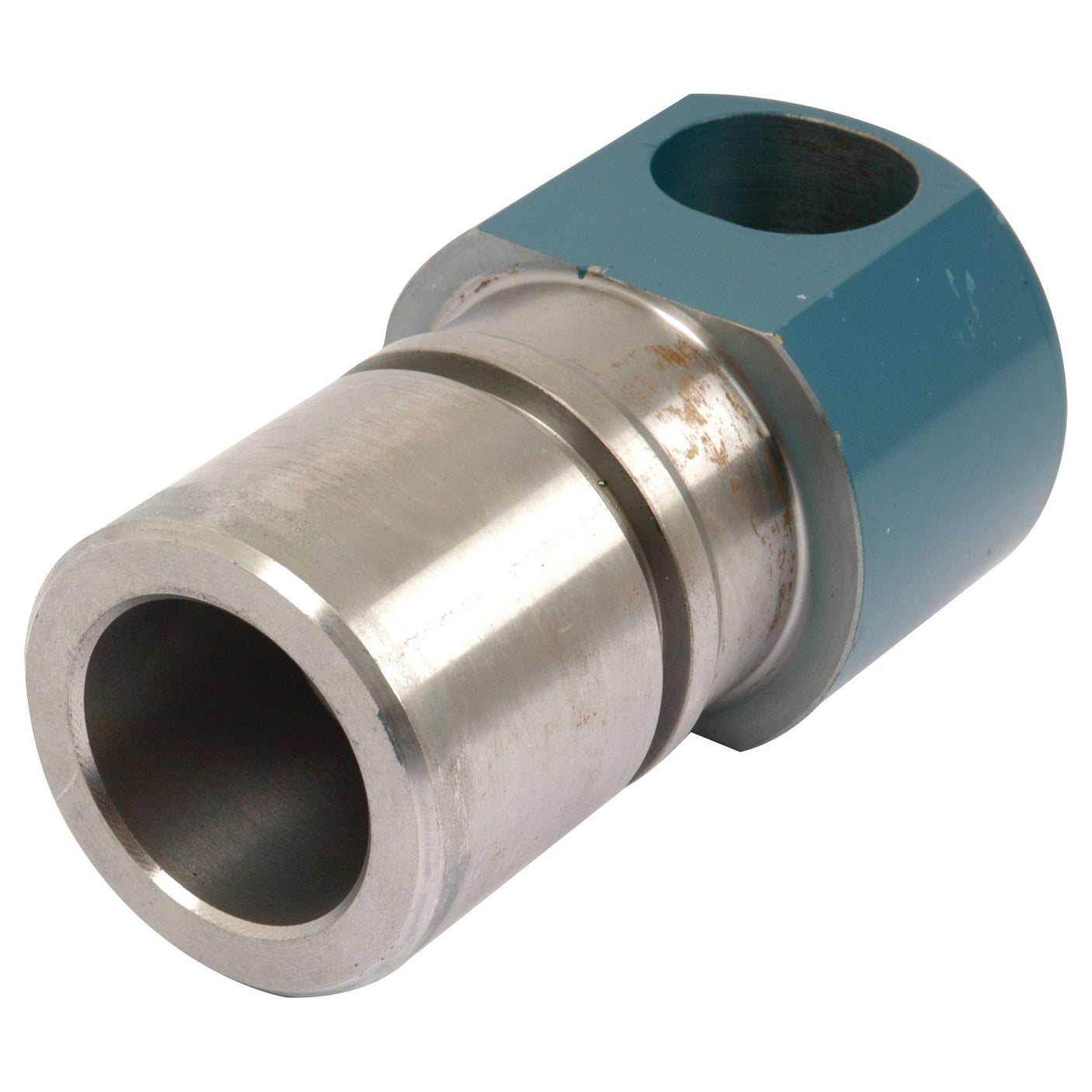 A cylindrical metal coupling, featuring a blue hexagonal component and a central hole, commonly used in Draft Control systems for Ford New Holland tractors is the Draft Control Yoke | Sparex Part No. S.66245 from the Sparex brand.