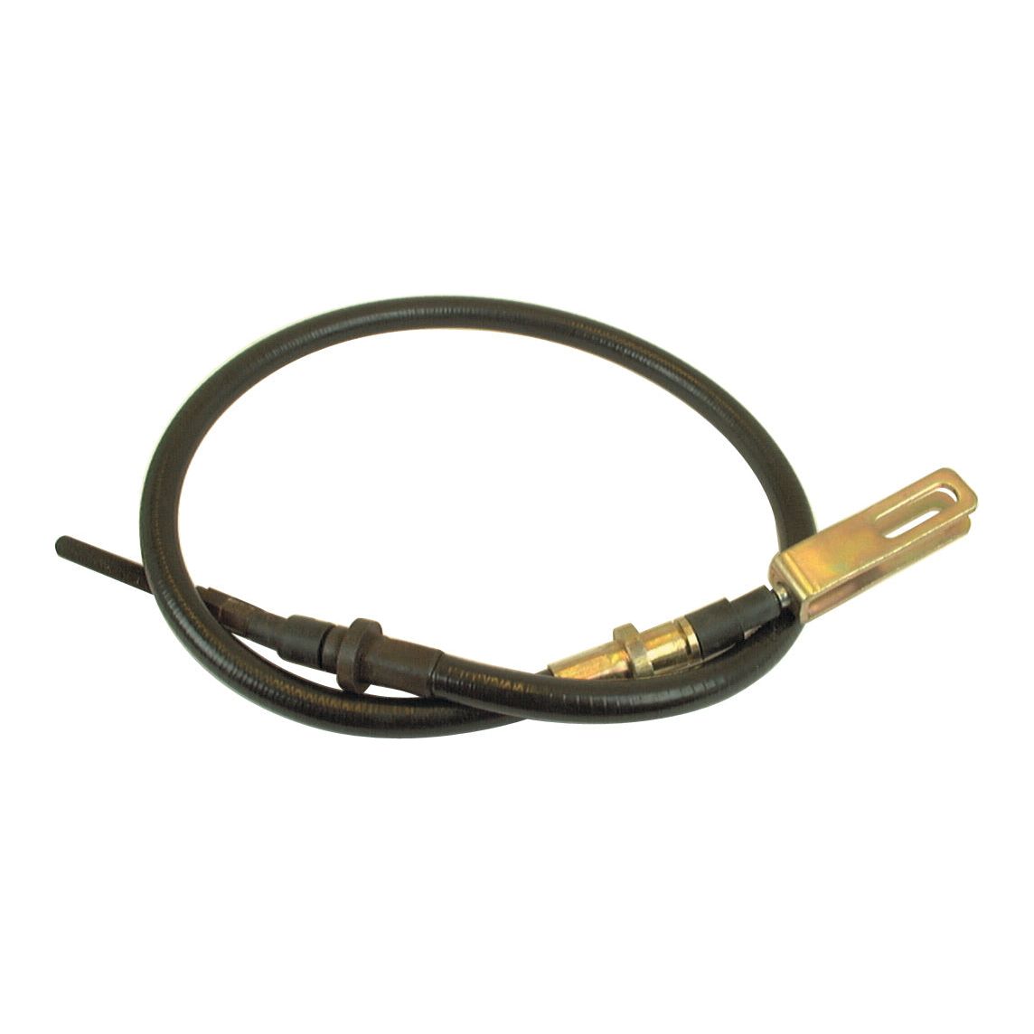 A coiled black brake cable, measuring 946mm in length with an outer cable length of 725mm and metallic connectors on both ends—one end featuring a flat elongated section with a slot—the Sparex Part No. S.66256 fits perfectly for Ford New Holland models.