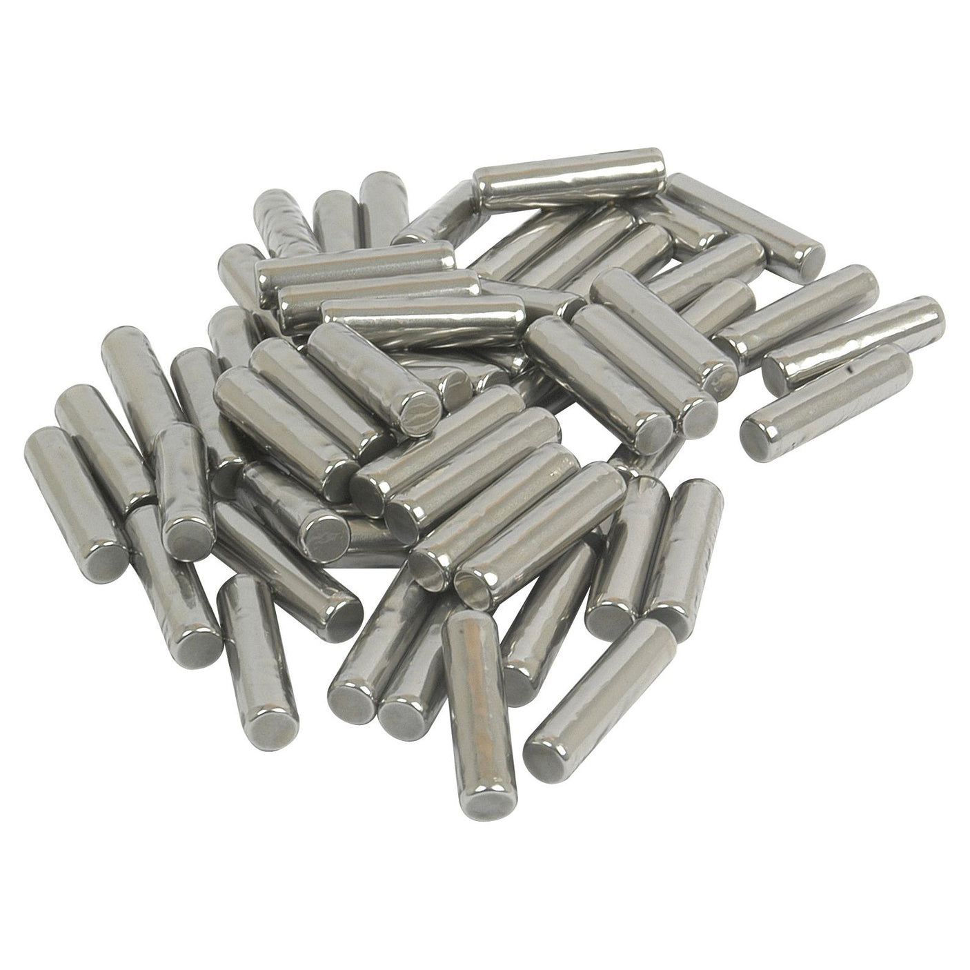 A pile of cylindrical metal rods, resembling components from the Sparex Needle Bearing (58 pcs.), Scatter across a white background.