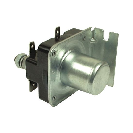 The Starter Solenoid - S.66323 by Sparex is a metallic electrical relay component featuring a cylindrical metal casing and attached mounting brackets, compatible with 12V systems. This robust unit is designed to handle up to 100 amps.