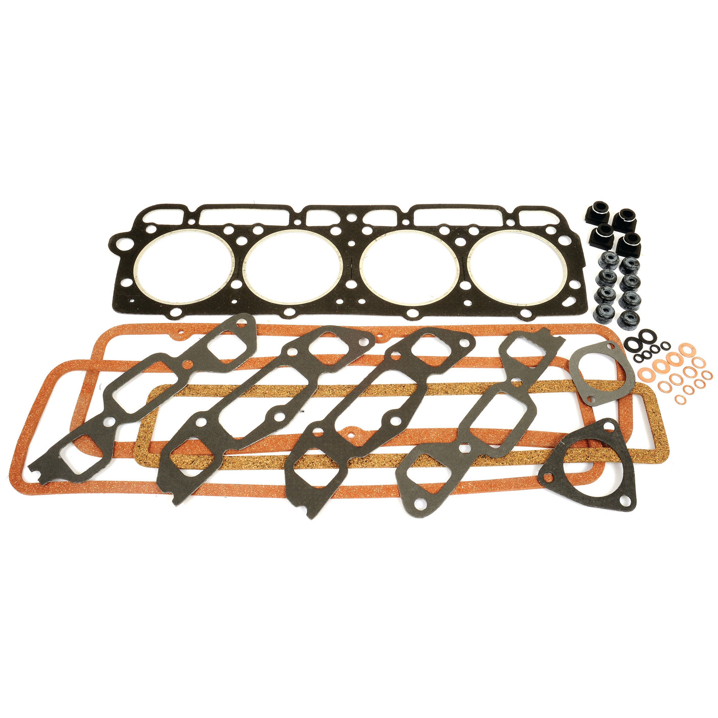 The Sparex Top Gasket Set - 4 Cyl. (220) | Sparex Part No.S.66336, designed for a 4-cylinder Ford engine, includes all essential automotive gaskets and fasteners such as head gaskets, intake gaskets, and smaller components, all meticulously displayed on a white background.