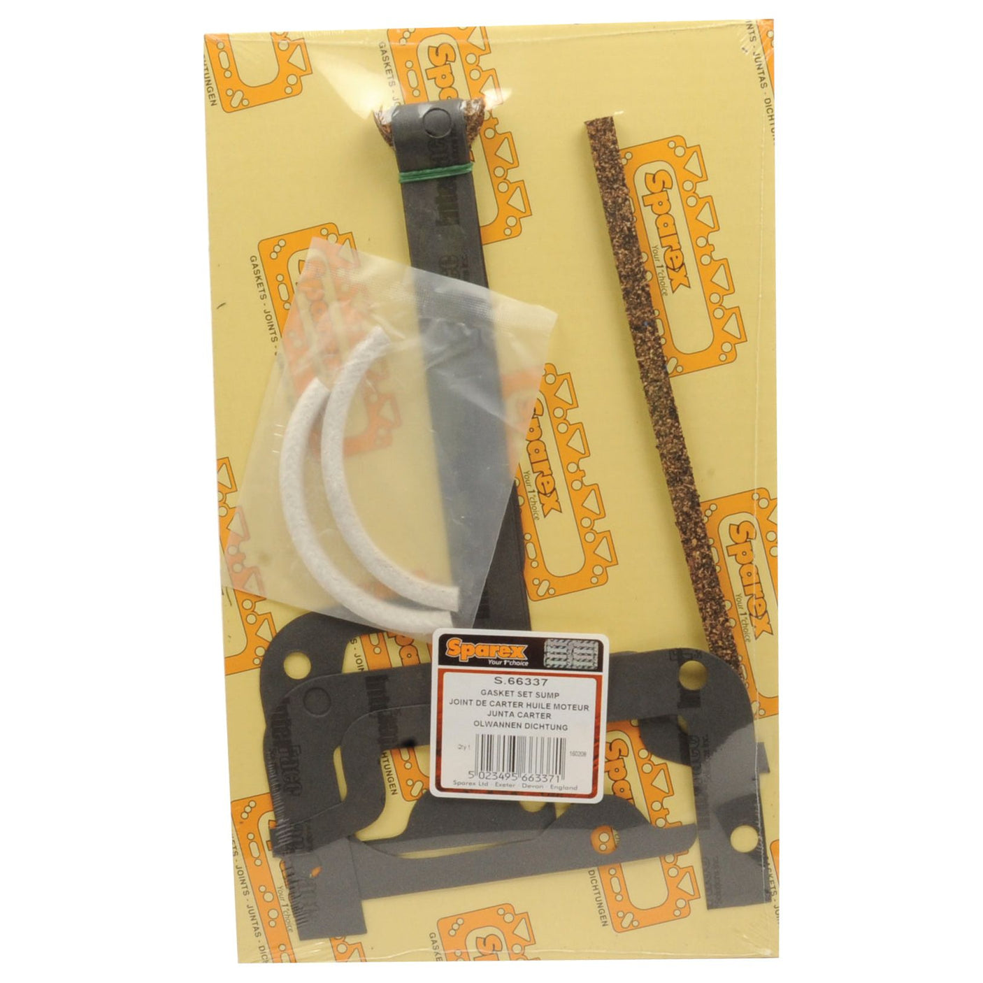 A Sump Gasket - 4 Cyl. (220) set, identified as Sparex Part No. S.66337, is arranged on packaging material and includes a larger black sump gasket, several smaller gaskets, and a bag with additional components. The distinctive yellow and orange Sparex branding is visible, making it ideal for Ford engine maintenance.
