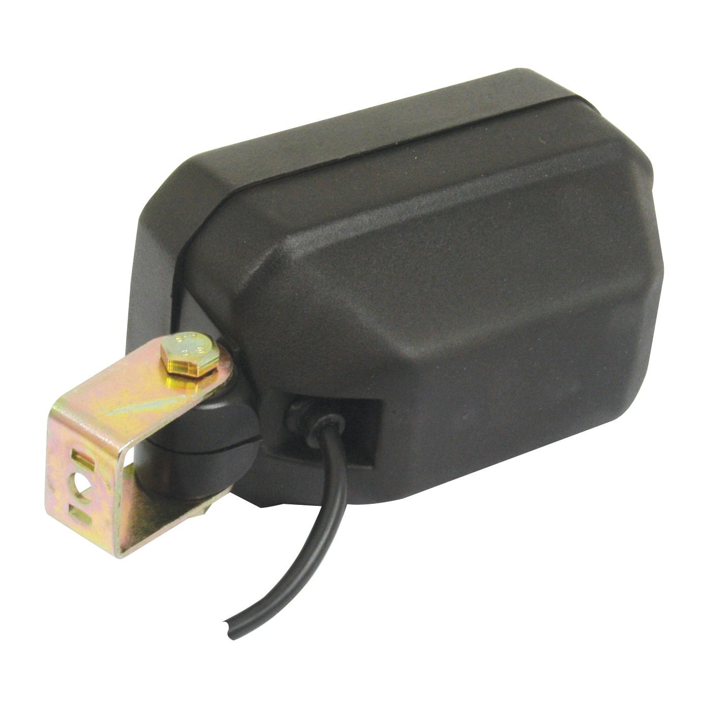 A Sparex Halogen Work Light Rectangular RH & LH - 12V (55W) (S.66354), a black plastic enclosure featuring a mounted metal bracket and a small wire extending from the bottom, designed for worklight applications.