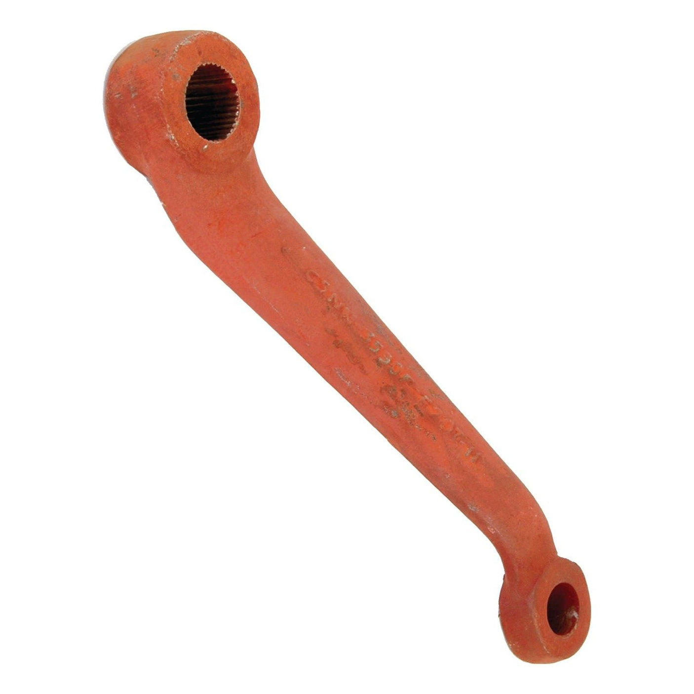 The Sparex Drop Arm (2WD), part number S.66360, is a red metal automotive steering arm compatible with Ford New Holland vehicles. It features a threaded hole on one end and a smaller hole on the other, engineered for durability and precision.