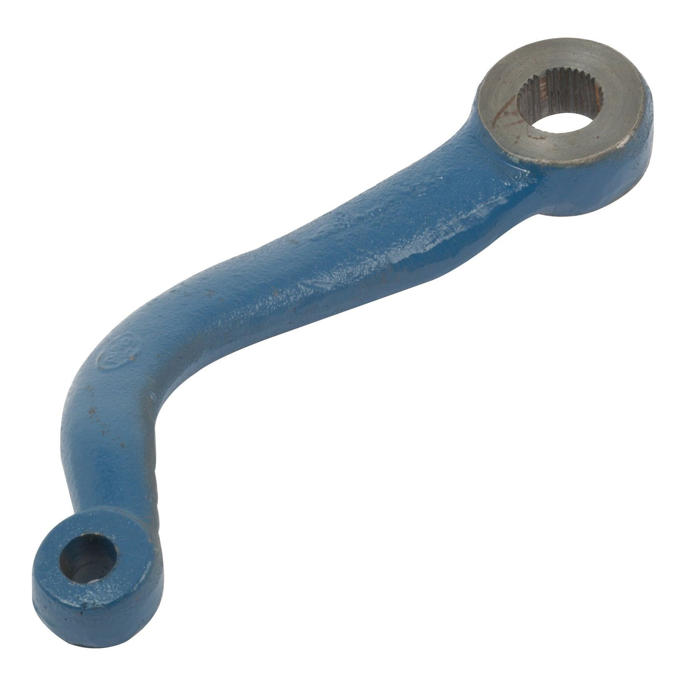 A blue, L-shaped metal component with a circular hole at one end and a toothed, circular opening at the other, designed as the Drop Arm (2WD), Sparex Part No. S.66362 by Sparex for Ford New Holland machinery.