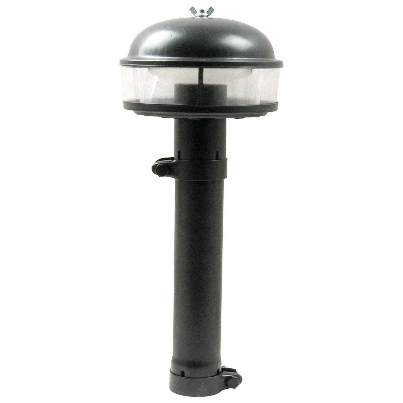 The Sparex Pre Cleaner (Part No. S.66397) is a black outdoor pathway light featuring a dome-shaped top and a clear cylindrical midsection, designed to minimize machinery downtime, and is mounted on a cylindrical pole.