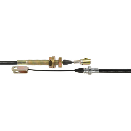 The Foot Throttle Cable - Length: 730mm, Outer cable length: 596mm by Sparex (Part No. S.66451) is a black throttle cable assembly with metallic connectors, an adjustable threaded section, and a mounting bracket, designed to be compatible with Ford / New Holland models.