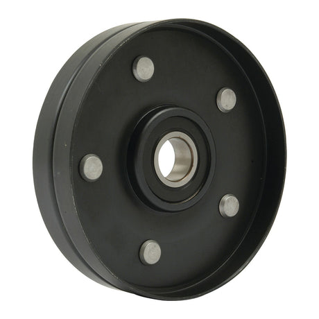 The Idler Pulley | Sparex Part No.S.66487, featuring a round shape and black finish, includes a central bearing and is affixed with five evenly spaced metal bolts around its surface.