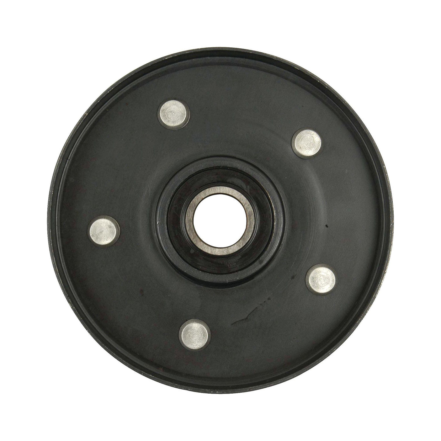 An Idler Pulley (Sparex Part No. S.66487) by Sparex, featuring a circular black metal design with a central hole and six silver rivets evenly distributed around the center.