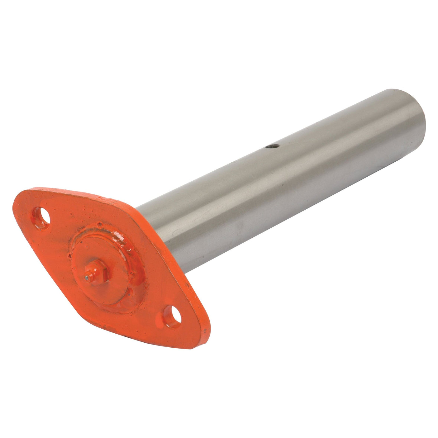 A cylindrical metallic rod with an orange flange on one end, featuring two holes for mounting, designed as an axle pin for Ford New Holland machinery, known as the Axle Pin | Sparex Part No. S.66489 from the brand Sparex.