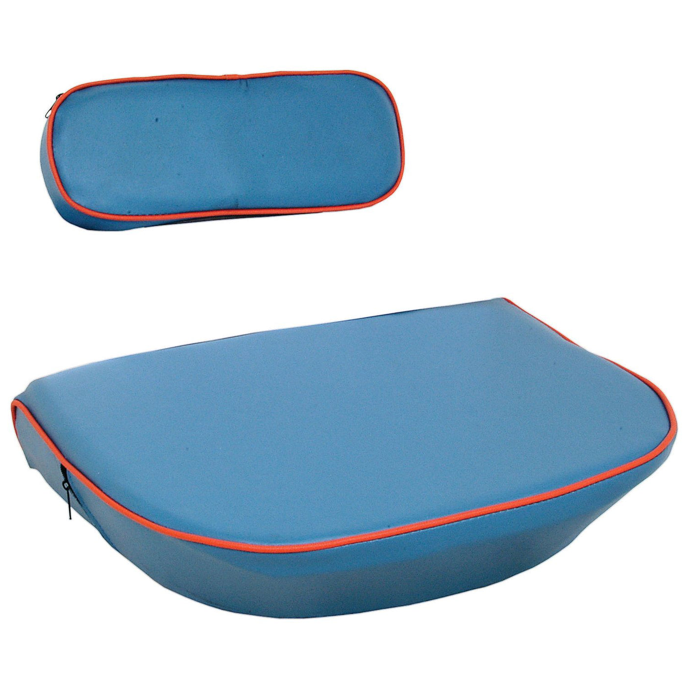 Image depicts two blue Sparex Seat Cushions & Back Rests (Sparex Part No.S.66517) with red piping trim. One cushion is small and rectangular, while the other is larger and contoured. Both feature side zippers, adding a practical element reminiscent of Ford/New Holland craftsmanship.