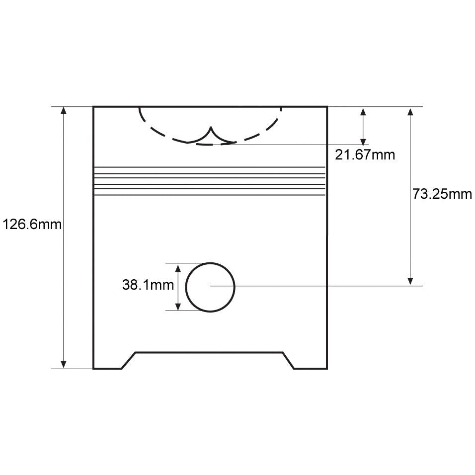 Technical drawing of a Piston (Standard) - S.66521 by Sparex with dimensions labeled: 126.6mm piston length, 73.25mm section height, 21.67mm compression height, and a 38.1mm central hole diameter.
