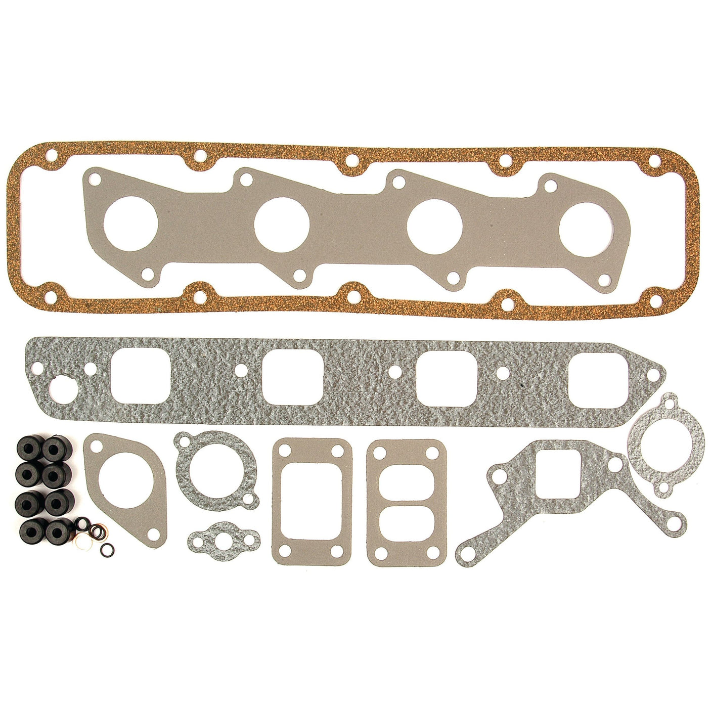 The Sparex Top Gasket Set for 4-cylinder Ford engines (models 5640, 6640, 7740, NHTS80, TS90, TS100, and TS110) includes an assortment of automotive gaskets and seals in various shapes and sizes. This set features a long gasket with circular cutouts, rectangle-shaped gaskets, and several smaller individual gaskets and seals (Sparex Part No. S.66544).