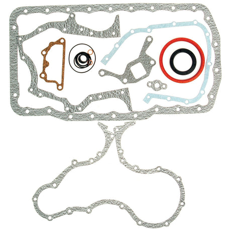 The image displays an assortment of engine gaskets, including the Sparex Bottom Gasket Set - 4 Cyl. (PowerStar 4.4, PowerStar 5, PowerStar 5.0T), laid out on a white background. The gaskets come in various shapes and sizes suitable for different Ford engine components, including seals and rings.