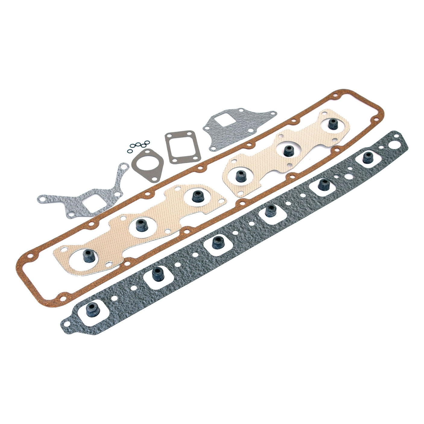 The Sparex Top Gasket Set - 6 Cyl. (7840, 8240, 8340, 8360, 8870) | Sparex Part No.S.66546, includes a comprehensive array of seals and gaskets such as head gaskets, intake manifold gaskets, exhaust manifold gaskets, valve cover gaskets, and various other small components. This set ensures a perfect fit and reliable performance for your Ford engine.