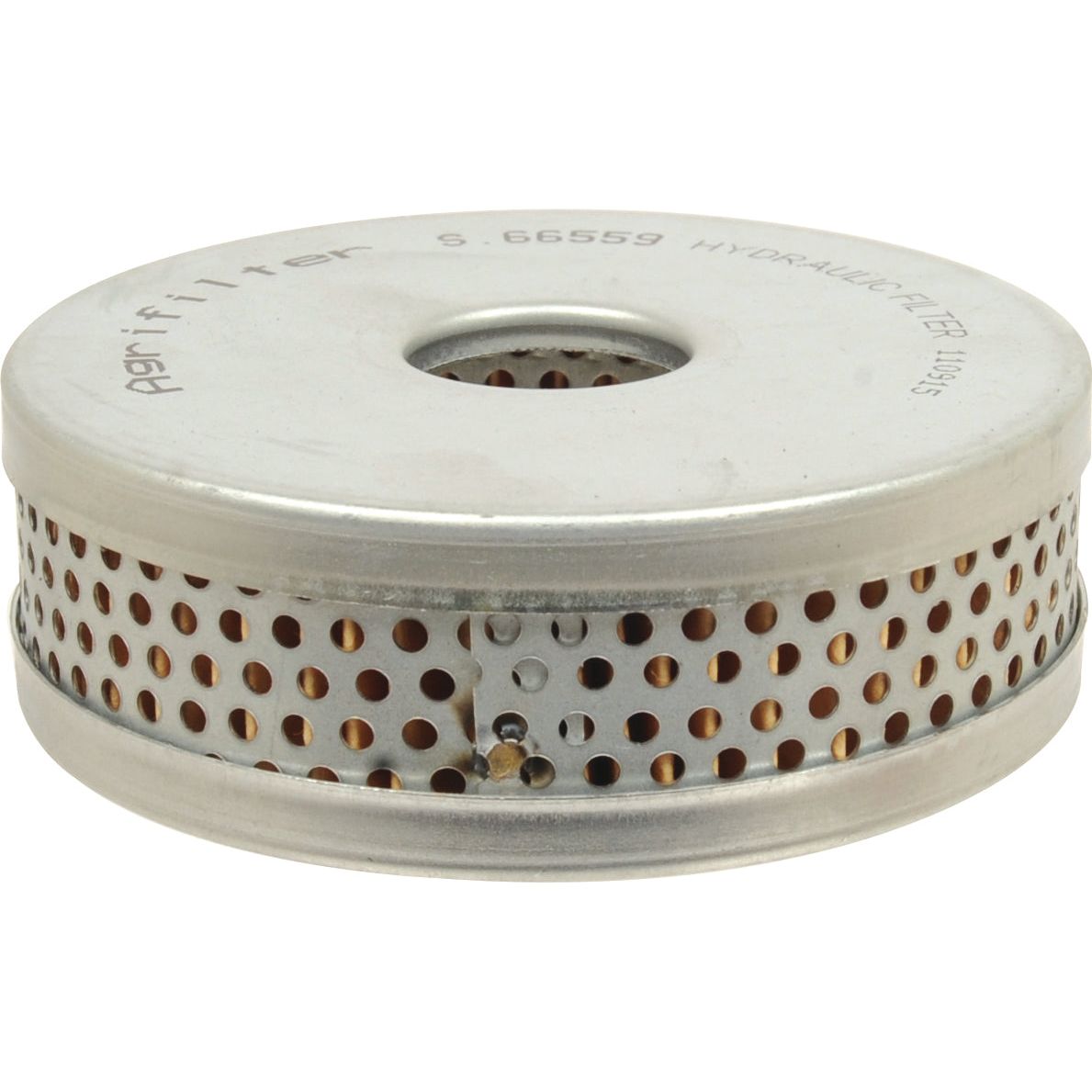 The Sparex Power Steering Filter - Element (Part No. S.66559) is a round, metal hydraulic power steering filter with perforated sides and a central hole, compatible with Ford / New Holland and Case IH / International Harvester models.