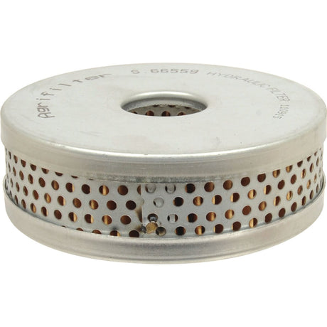 The Sparex Power Steering Filter - Element (Part No. S.66559) is a round, metal hydraulic power steering filter with perforated sides and a central hole, compatible with Ford / New Holland and Case IH / International Harvester models.