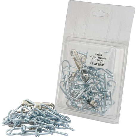 A pack of Sparex PART 2 X 6583 FOR P.T.O GUARD S-hooks in a clear plastic Agripak packaging and some loose Sparex S-hooks next to it on a white background.