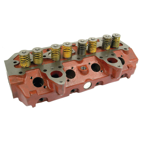 The Cylinder Head Assembly - S.66580 from Sparex is a red, metal cylinder head designed for an internal combustion engine, featuring visible valve springs and other components; perfect for a BD154 engine's combustion chamber.