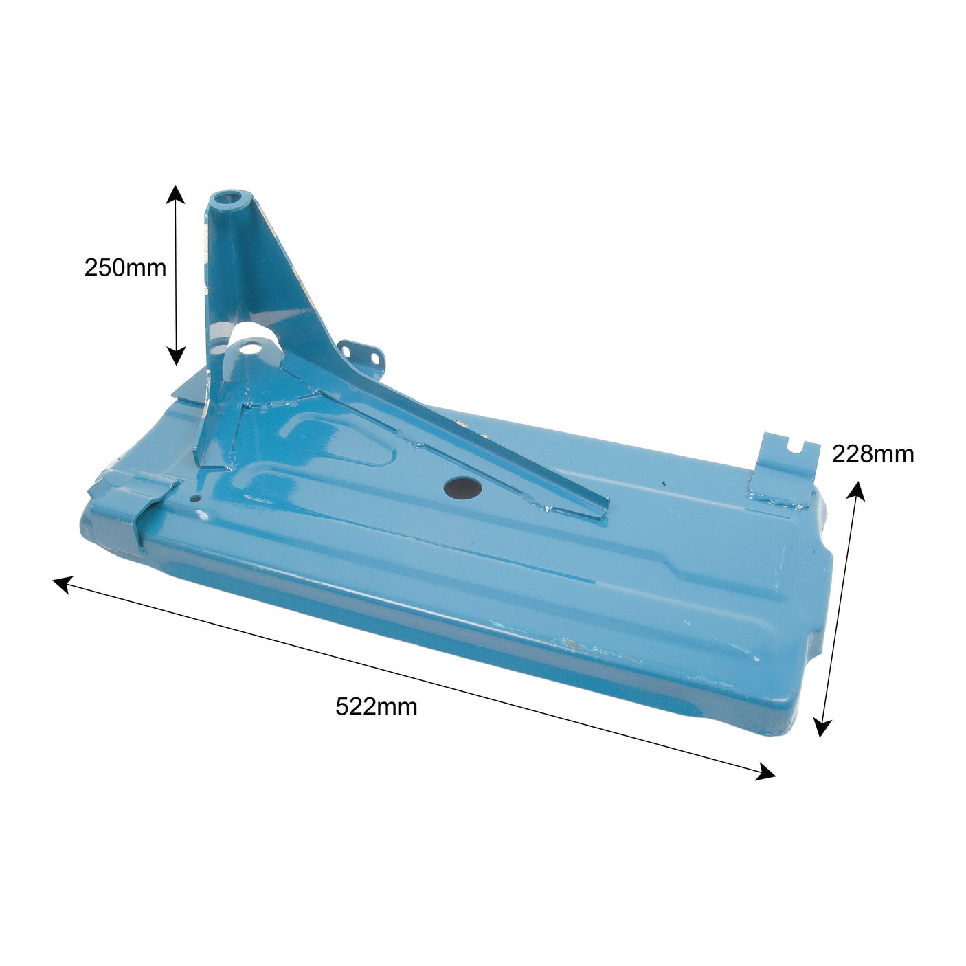 The Battery Tray, Sparex Part No. S.66588, is a rectangular metal part painted blue with dimensions of 250mm in height, 228mm in width, and 522mm in length. It is perfectly suited for use on Ford / New Holland machinery and meets all Sparex specifications.