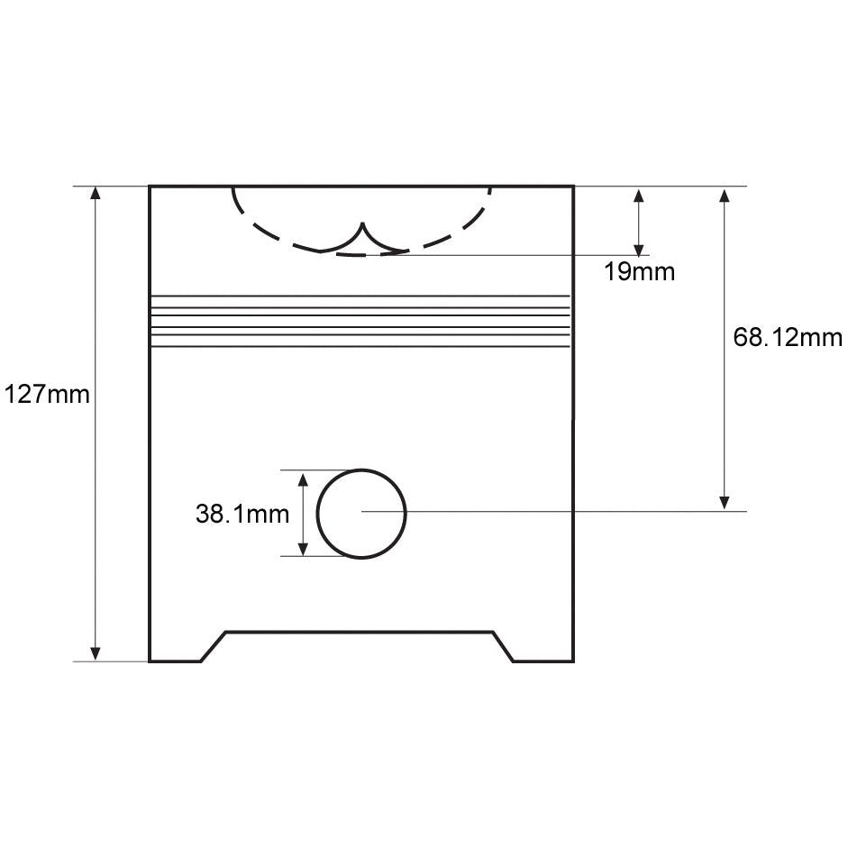 Technical drawing of the Sparex Piston (Standard) - S.66601 with labeled dimensions: total height 127mm, width 68.12mm, pin diameter 38.1mm, smaller top height 19mm, and compression height clearly marked for easy reference.