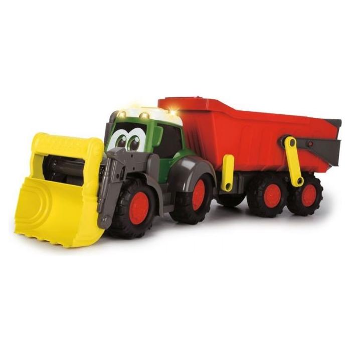 The Fendt - Fendti Happy Tractor with trailer by AGCO, featuring a red bed, yellow scoop, and cartoonish eyes on the windshield, is perfect for developing fine motor skills in children 12 months and older.