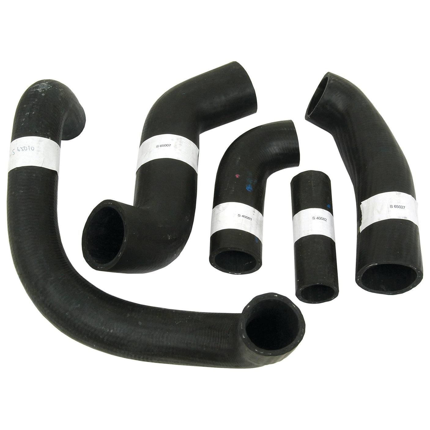 A set of black rubber hose pipes of various shapes and sizes, each labeled with a white Sparex sticker for Ford/New Holland DEXTA (Hose Set | Sparex Part No.S.66632).