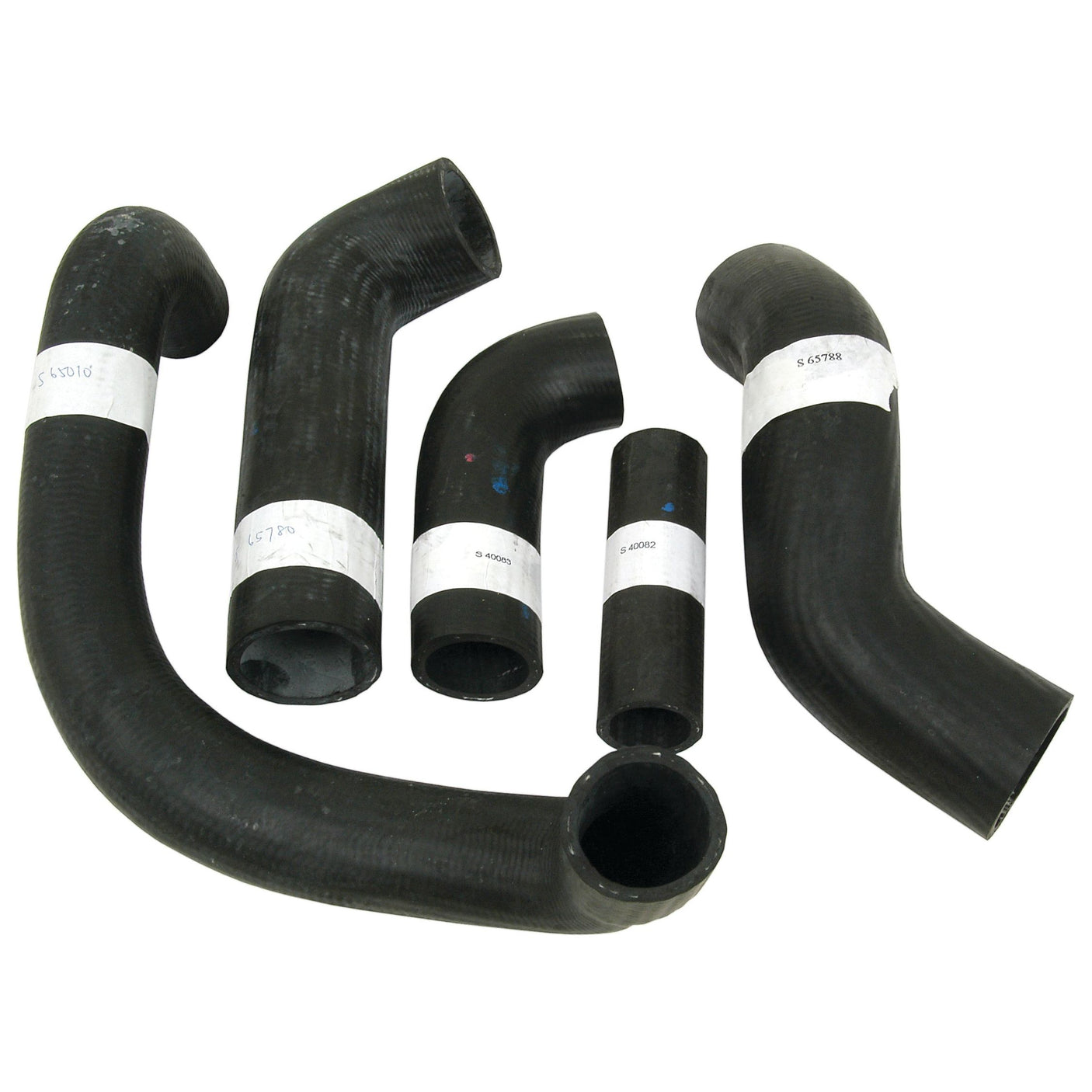 A set of five black rubber hoses in various shapes and sizes, each featuring a white Sparex label, compatible with the Ford / New Holland SUPER DEXTA: Hose Set | Sparex Part No. S.66633 by Sparex.