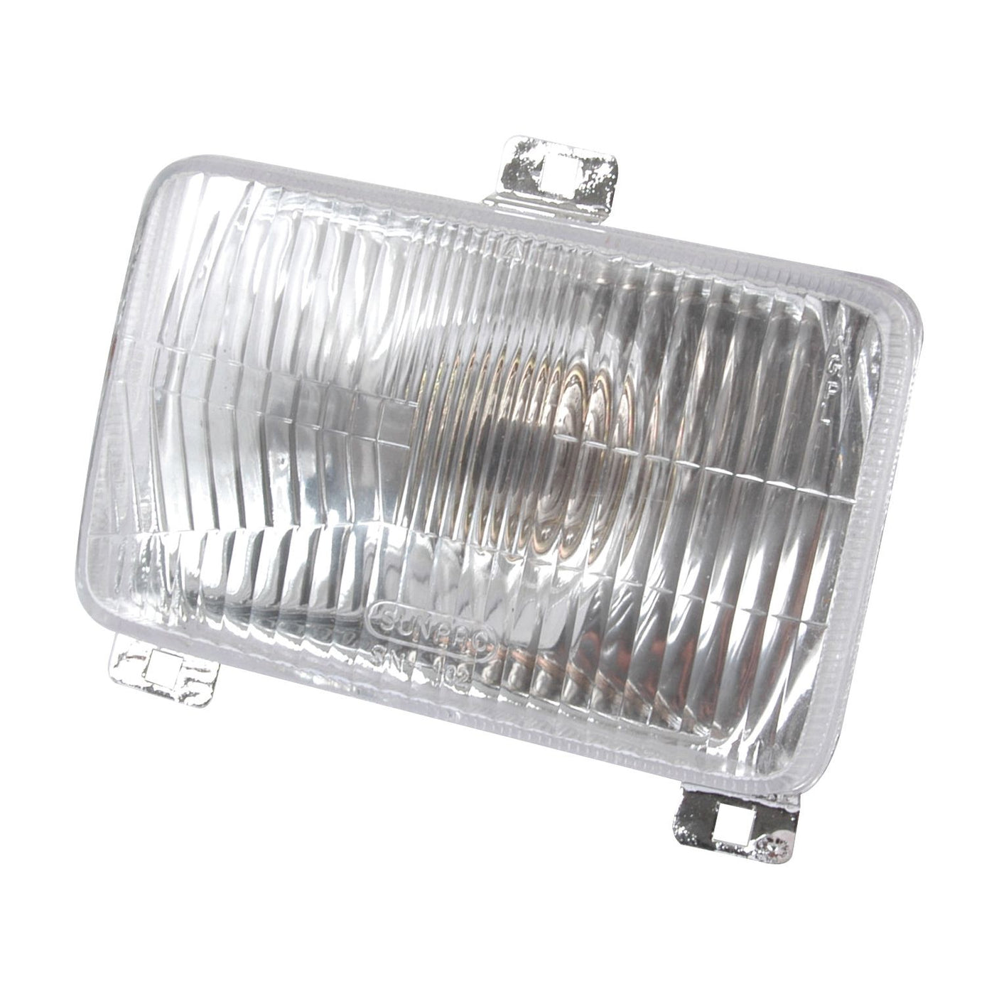 Close-up image of the Sparex Halogen Head Light RH & LH (LH Dip) - S.66643 with a clear, ribbed glass cover and metal brackets, equipped with an IP65-rated halogen bulb, suitable for Ford / New Holland.