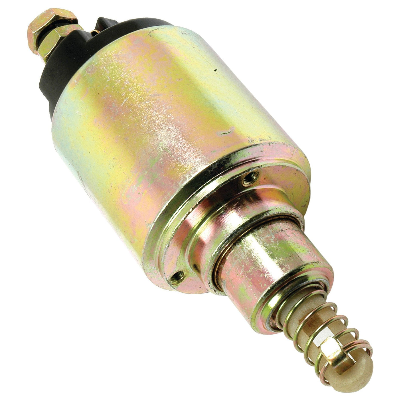 The Starter Solenoid | Sparex Part No.S.66647 by Sparex features a cylindrical design with a metallic finish, a coil, and a spring-loaded plunger at one end, making it ideal for mechanical or industrial applications such as those found in the Fiat M100.